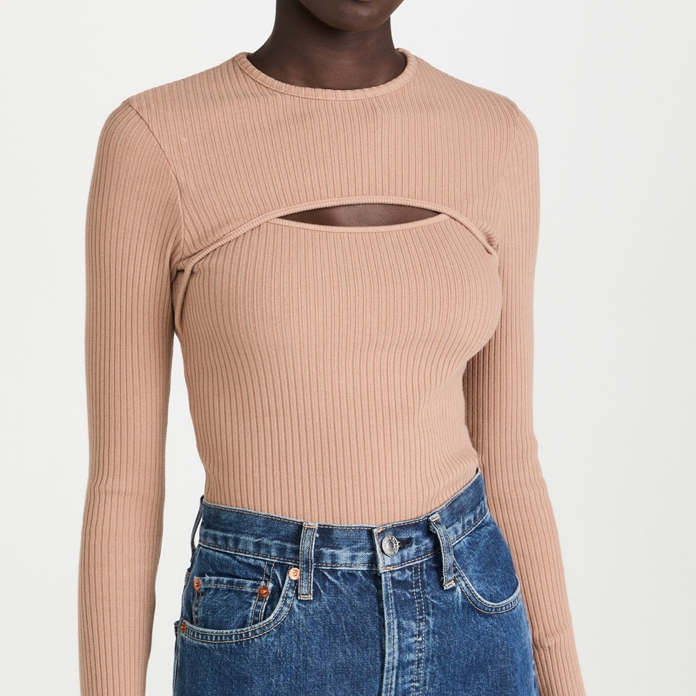 Agolde Ribbed Beige Long Sleeve Cutout Top